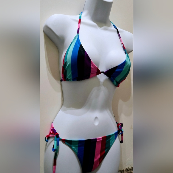 Colorful Striped String Bikini Top and Bottom Set. Multicolor. Adjustable Bikini - Picture 4 of 6
